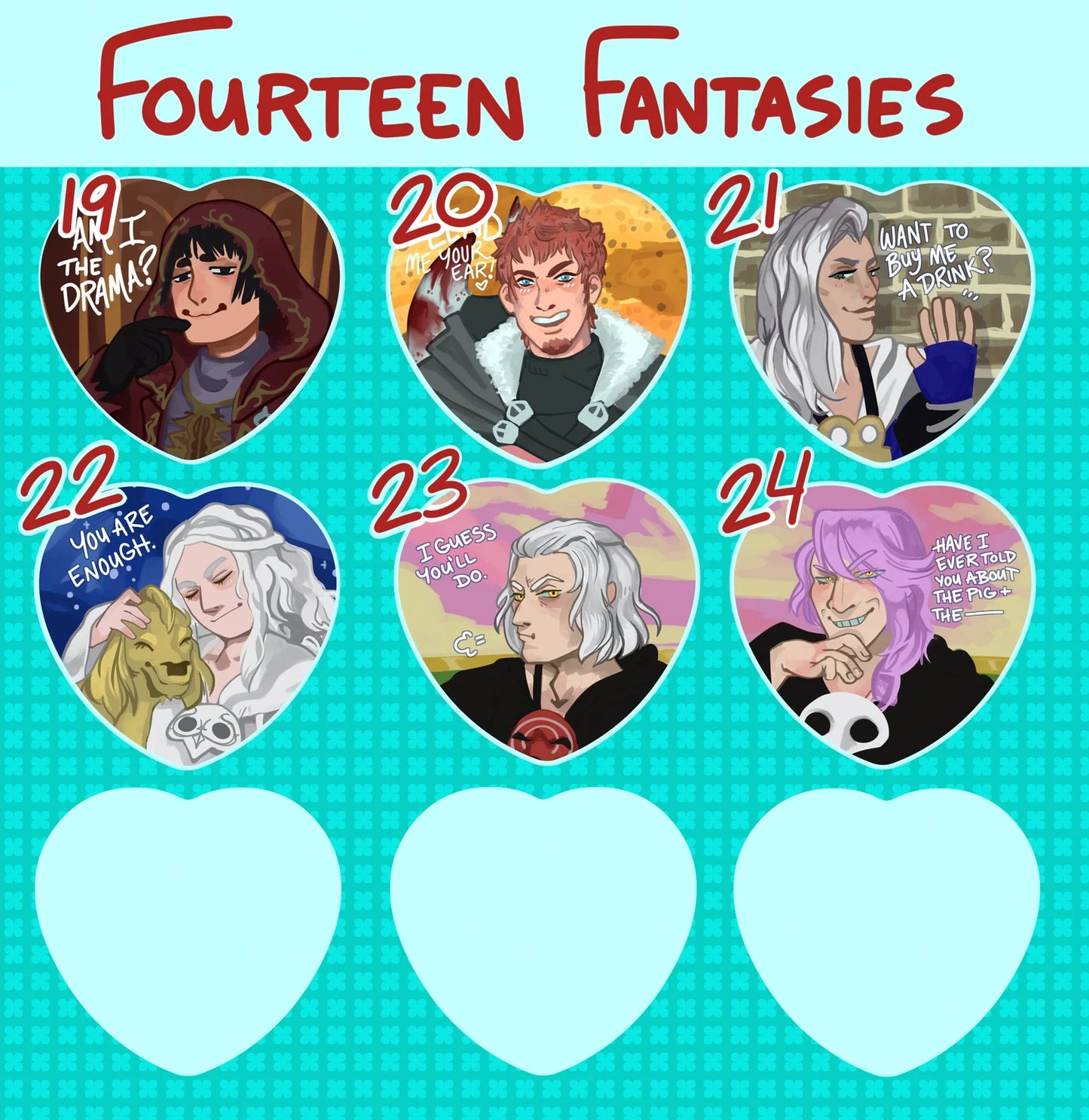 Fourteen Fantasy Heart Buttons!